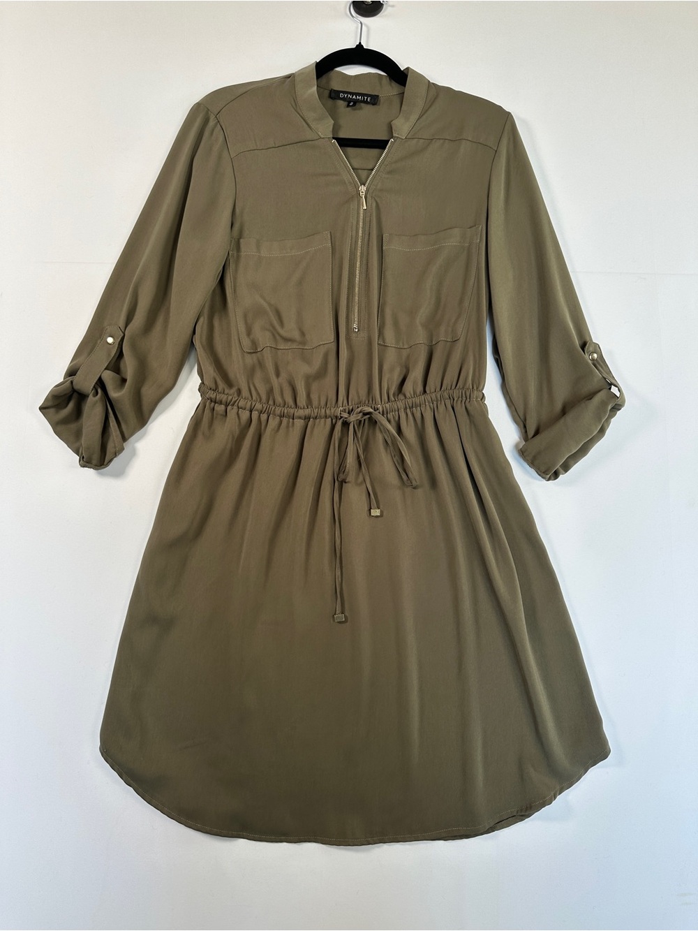 Dynamite Olive Green Utility Shirt Dress Drawstring Waist Size M